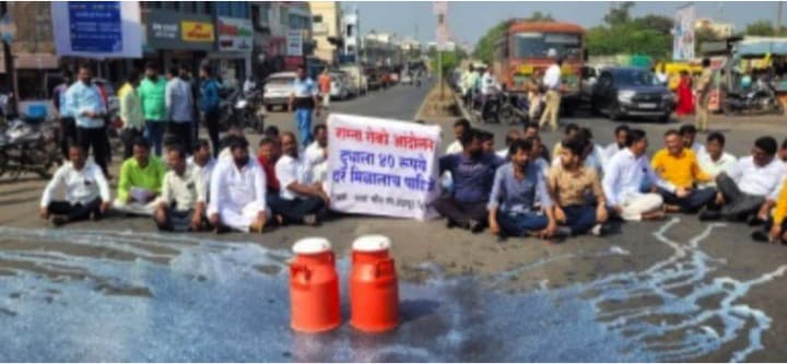 Dairy farmers pour milk at Indapur on Pune-Solapur highway